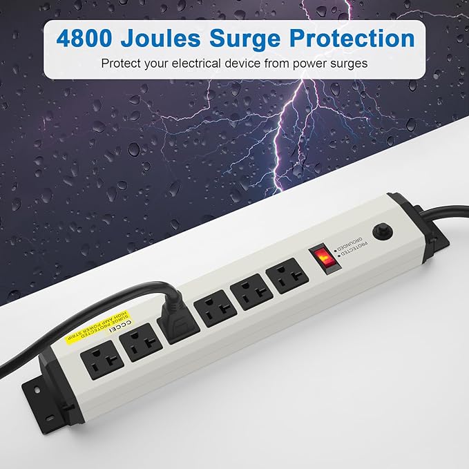 CCCEI 12 Gauge Heavy Duty Power Strip Surge Protector 4800J, 20 Amp 6 Plug Industrial Shop Garage Metal Multiple Outlets, 4 FT Extension Cord 5-15P Adapter High Amp 6-20R T-Slot 20a for Appliance.