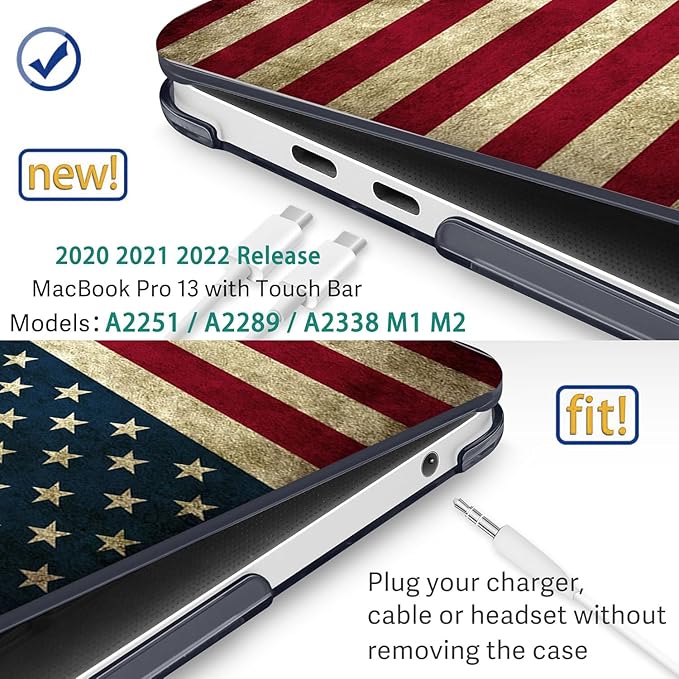 Compatible with MacBook Pro 13 Inch Case M2/M1 2025 2022-2017 A2338 A2289 A2251 A2159 A1989 A1706 A1708 Plastic Hard Shell Case&Keyboard Skin&Mac OS Keyboard Sticker (American Flag)