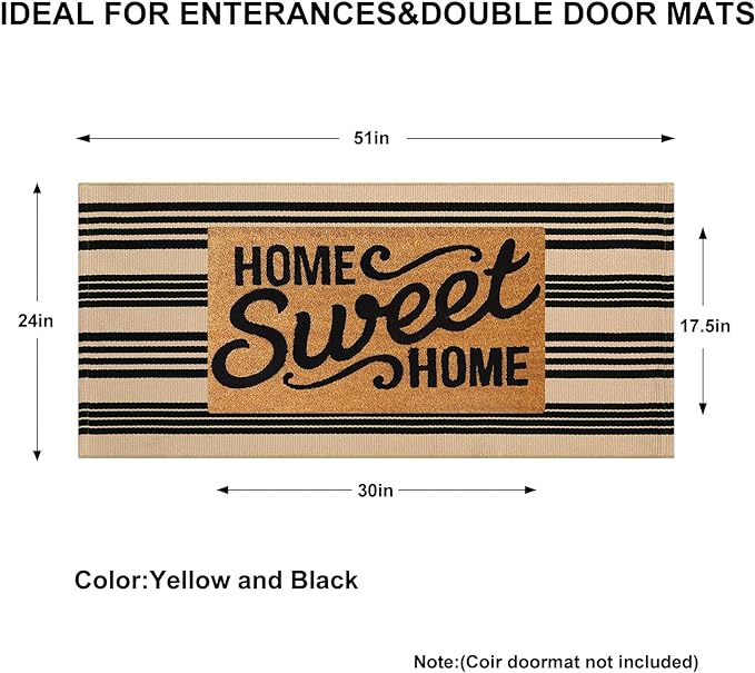 KIMODE Front Door Mats 24"x51", Black and Khaki Striped Layered Door Mats Outdoor,Machine Washable Farmhouse Front Porch Rug Decor, Spring Decorations Cotton Hand Woven Entryway Rug for Doorway