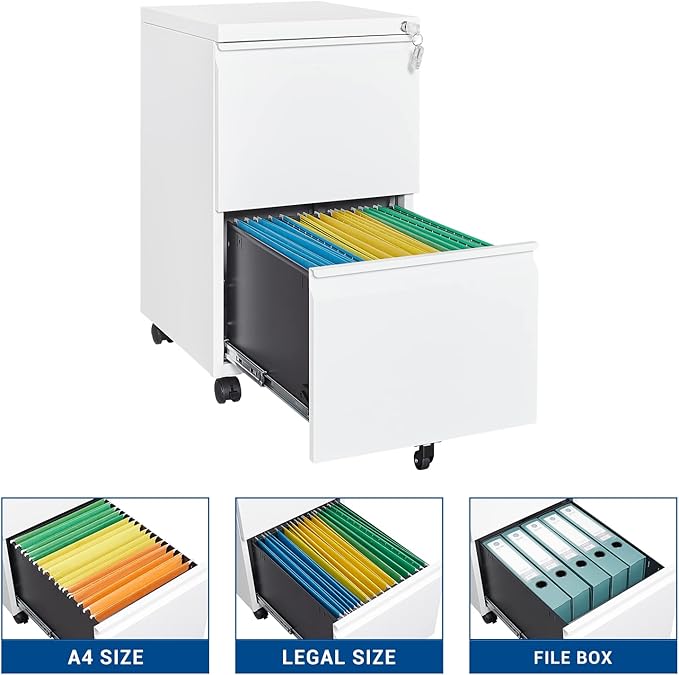 2 Drawer Vertical File Cabinet - Mobile Filling Cabinet with Lock for Legal/Letter Files - Office Storage File Cabinet with Wheels Under Desk - Assembly Required