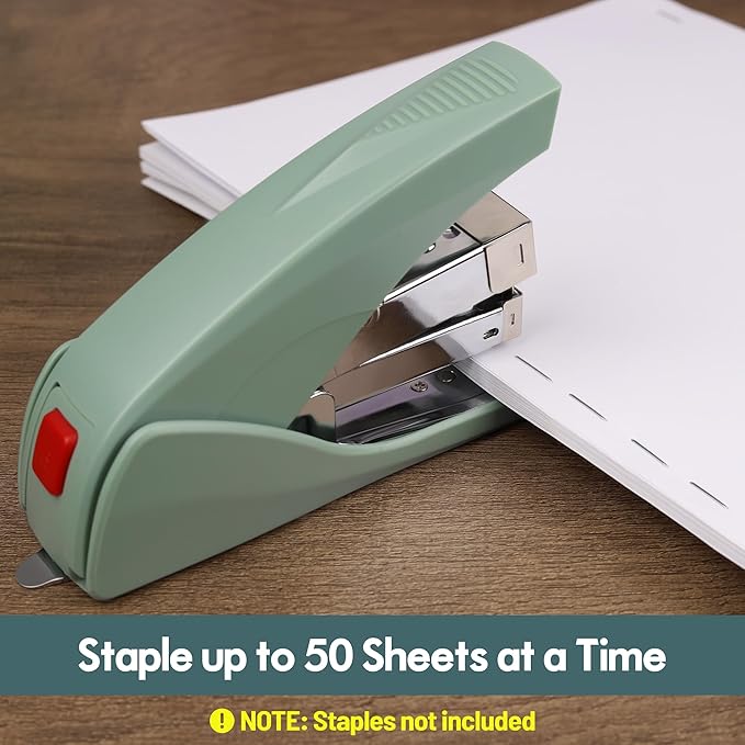 AFMAT Effortless Stapler for Desk, 50 Sheet Capacity, Low Force, Built-in Staple Remover, One Finger Touch Stapling Desktop Stapler, Portable & Space Save Size, Good for Home & Office, Green