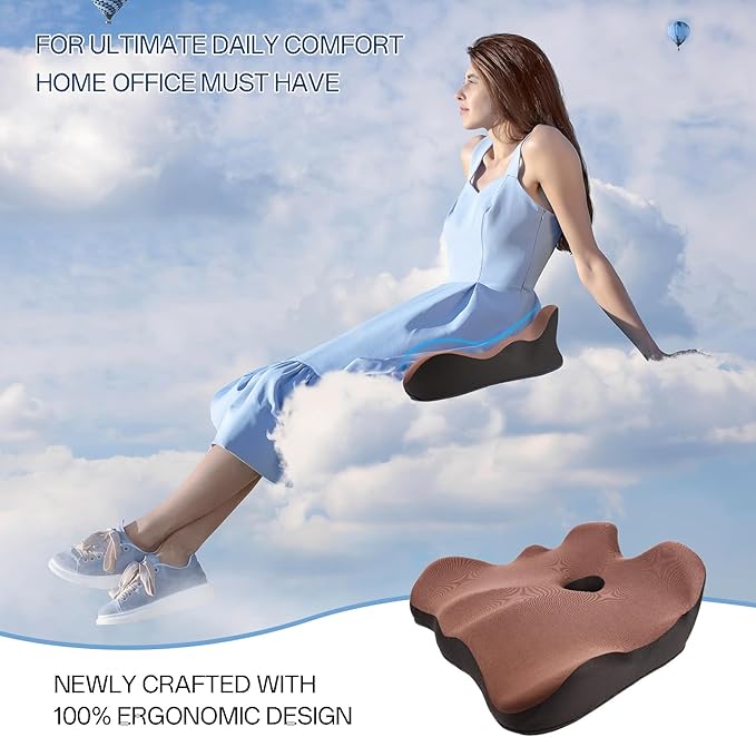 Seat Cushion, X-Large Memory Foam Office Chair Cushion, for Pressure Relief Sciatica & Pain Relief for Long Sitting Hours on Office/Home Chair, Car (Brown)