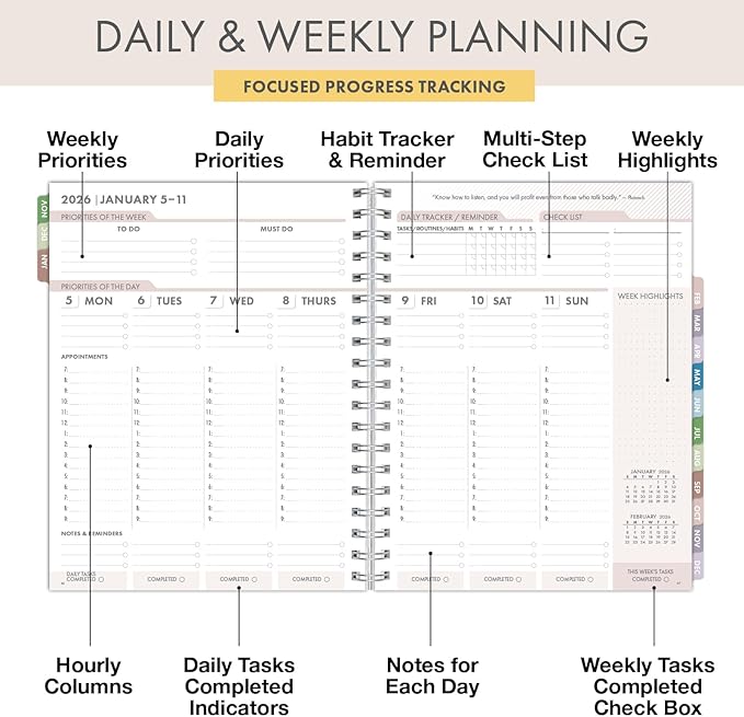 Essential PRO 2026 Daily, Weekly & Monthly Planner, 7"x9": 14 Months (Nov 2025 - Dec 2026) Monthly Tabs,Daily Tracking,Notes Pages,Storage Pocket,Bookmark w Sticky Notes (Teal Gold Marble)