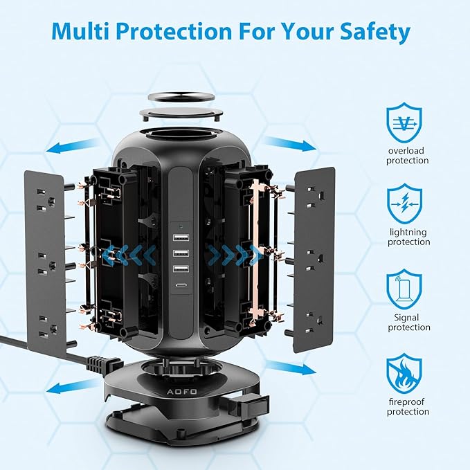 Power Strip Tower AOFO Surge Protector 12 AC Outlets with 4 USB(1 USB C) Ports Charging Station with Overload Protection, Widely Spaced Multiple Outlets with 10Ft Extension Cord for Home,Dorm & Office