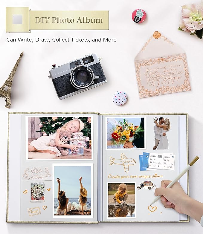 Photo Album Self Adhesive Scrapbook Album for 3x5 4x6 5x7 8x10 Pictures,120 Pages Linen Cover with Display Window DIY Photo Book,Ideal Gifts for Family Travel Wedding Baby