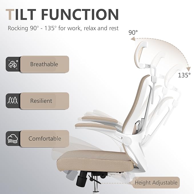 Desk Offiice Chair, Ergonomic Comfy Mesh Chair, Home High Back Gaming Executive Chair with Wheels, Compute Capacity 350LBS, Lumbar Support, Adjustable Headrest, Flip-up Armrest