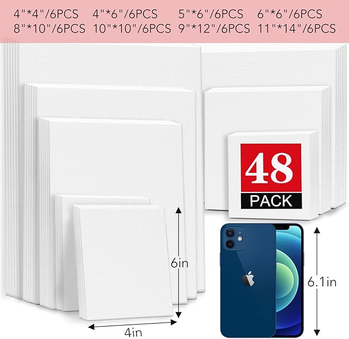 ESRICH 48 Pack Canvas Boards for Painting, 6Pcs of 4x4, 4x6, 5x6, 6x6, 8x10, 10x10, 9x12, 11x14 Canvas for Painting, Cotton Primed Blank Painting Canvas Panels for Oil, Acrylic, Watercolor