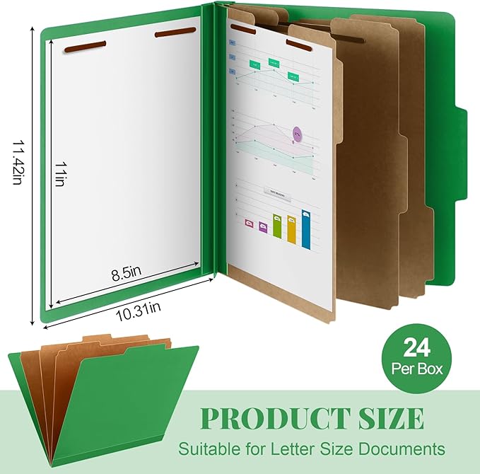 Skyygemm 24 Pcs Classification Folders Letter Size, 3 Divider Pressboard File Folder with Fasteners, Expanding File Organizer Bulk for Teachers, Clergy, Office, Church, Christmas Donations (Green)