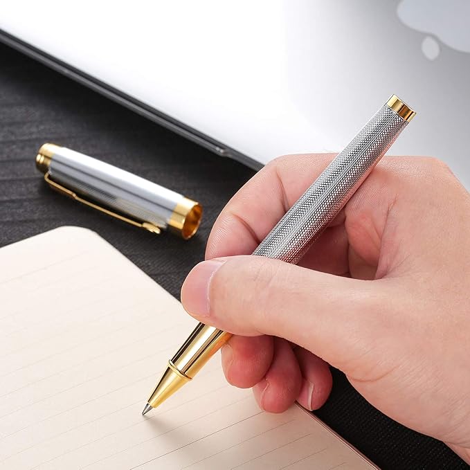 Rollerball Pen for Men Women Luxury Metal Executive Pens Home Office Use with 2 Extra Refills Black Ink 0.7mm G2(sliver)