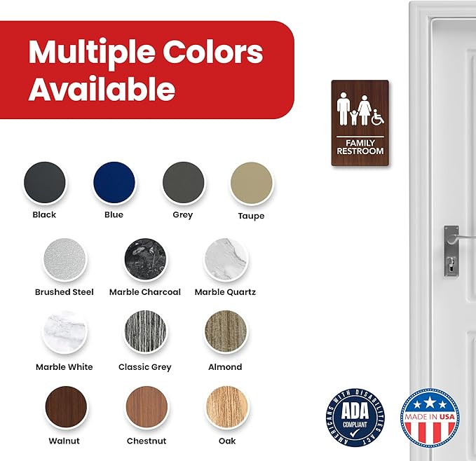 Promot Family Restroom Sign – ADA Braille Bathroom Sign for Business, Self-Adhesive, 9" x 6", Commercial Door Signage, Office Wall Decor - Walnut