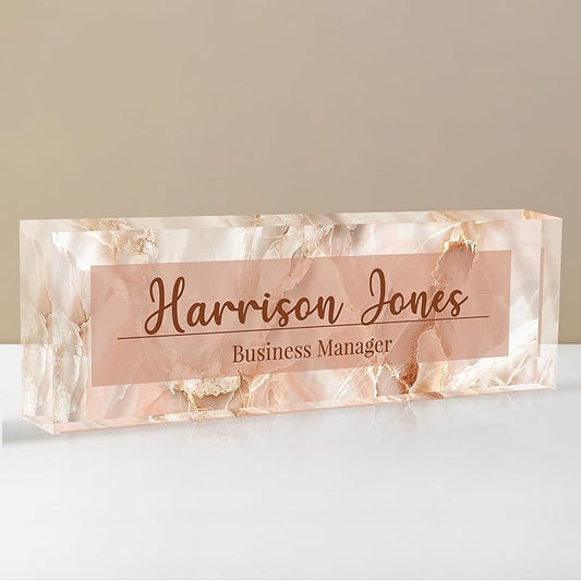 Personalized Name Plate for Desk, Custom Desk Name Plate, Acrylic Name Plate Office Desk Accessories, Personalized Office Gifts for Coworkers Teachers, Employee Appreciation Gifts (B-Pink Flowing)