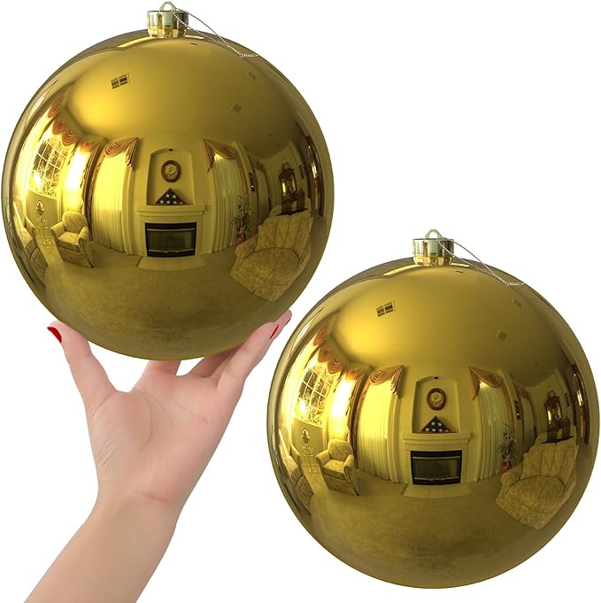 Gold 8.0" Extra Large Christmas Ornaments - Christmas Tree Decoration Balls Shatterproof Hanging Shiny Balls for Birthday Holiday Wedding Decorations Set of 2pcs