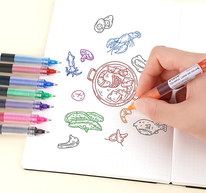 EYEYE 0.5mm Needle Tip Rollerball Pens Multicolor, 8 Assorted Colors Quick Dry Extra Fine Point Pen Smooth Writing Pens for Journaling, Note Taking, Office, School Supplies, Doodling & Gifts