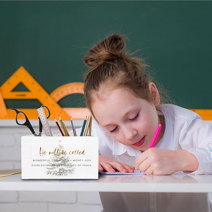 Christmas Tree Christian Pen Holder for Desk, He Will Be Called Bible Verse Wooden Box Sign Desk Decor for Home Office Decoration, Religious Pencil Organizer, Christian Christmas Decor