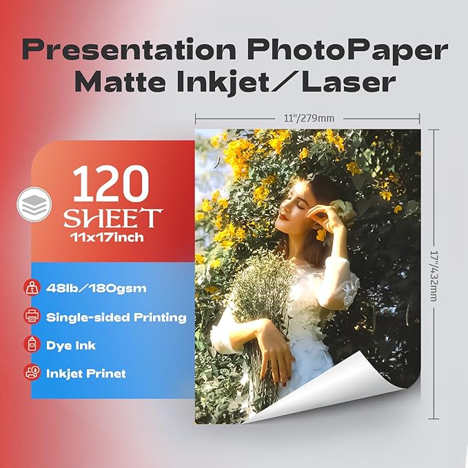 120 Sheets Matte Presentation Paper 11x17 48lb 180gsm Photo Paper for All Dye Ink Inkjet Printers