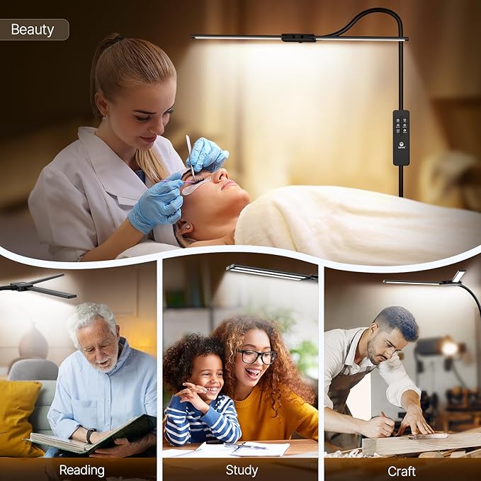 Syrinx LED Floor Lamp, Dual Head Gooseneck Floor Lamps for Living Room with Gesture Switch & Remote Control, 14W Bright Tall Standing Lamp Modern Eye-Caring Reading Floor Lamp for Bedroom Office