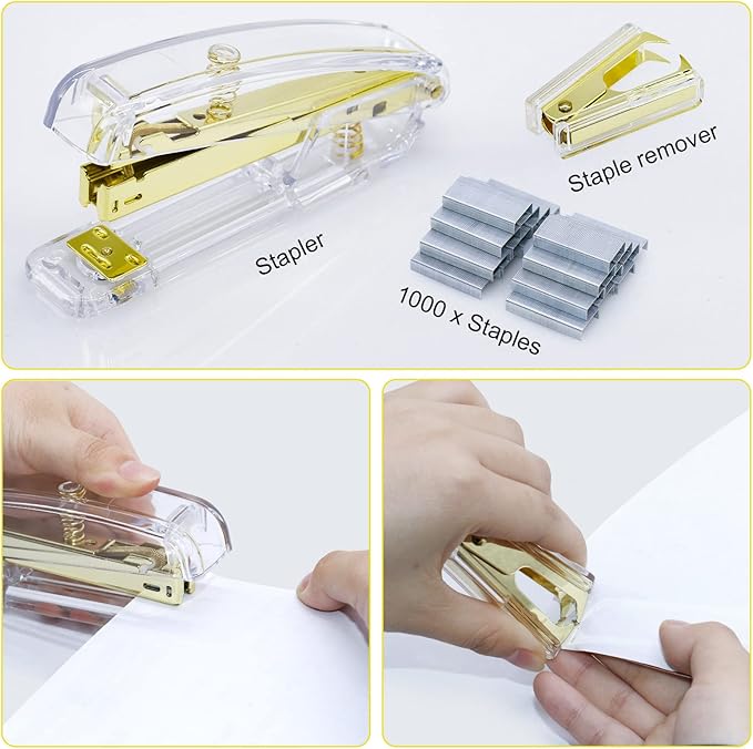 BOMEI PACK Desk Accessory Kit, Stapler and Staple Remover with 1000 Staples, Tape Dispenser with 1Rolls Transparent Tape, 1 Pen and Pencil Holder, Binder Clips, Paper Clips