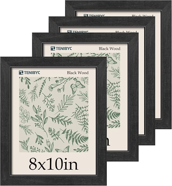 8x10 Picture Frame 4 Pack, Black Wooden Textured, HD Tempered Glass, Gallery Photo Frame, Table or Wall Display