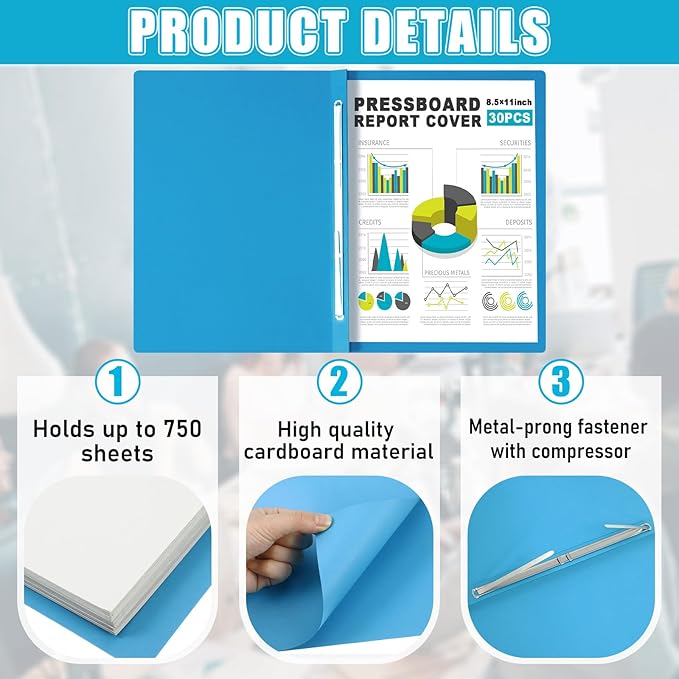 30 Pcs 8.5'' x 11'' Pressboard Report Cover, 3'' Capacity Metal Prong Fastener with Compressor, Letter Size, Presentation Folder to Neatly Bind Report, Proposal Document (Blue)