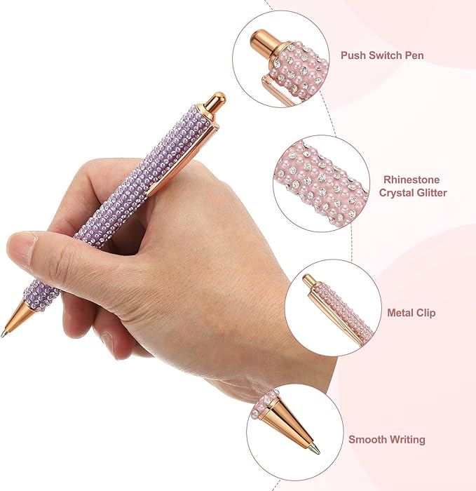 PATIKIL Rhinestone Metal Ballpoint Pen, 4 Pack Crystal Pearl Pens Black Ink 1.0mm Point Sparkly for Women Gift Office Note Taking Journaling, Pink