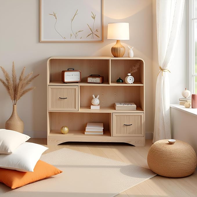 6 Cube Storage Organizer, 48" Wide Cube Storage Organizer w/Adjustable 2 Bins Storage, Modern Wooden Bookshelves and Bookcase w/Drawers, Large Bookshelf w/Open Display Shelves for Living Room, Oak