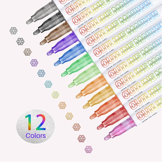 Double Line Markers,12 Colors Glitter Sparkling Pens,Self-Outline Markers,Stocking Stuffers for Teen Girl Gifts Trendy Stuff,Tween Teen Girl Gifts Trendy Stuff 4-16 Year Old,Art Supplies for Kids 9-12