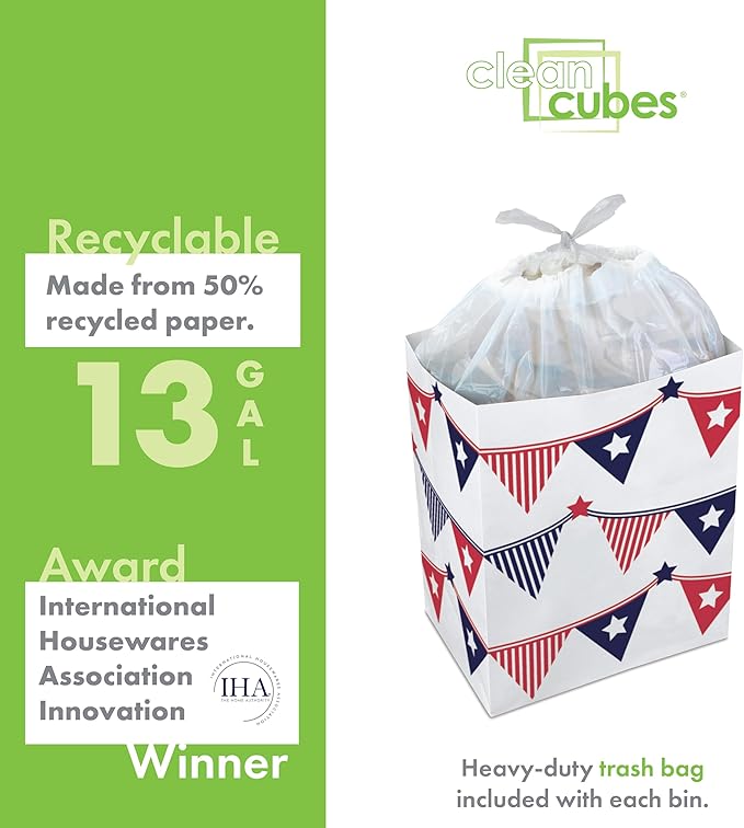 | 13 Gallon Disposable Trash Cans (3-Pack) with Fitted Trash Bags - Reusable Garbage and Recycling Bins for Parties, Events, and More (USA Flag - 17" Height x 13.5" Width x 10" Depth)