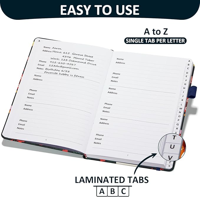 Address Book with Individual Alphabetical Tabs Laminated, Large Print Address Book with 468 Wide Lining Entry Spaces, Change of Address Labels, Hardcover Address Book 5.7 x 8.5" - Floral