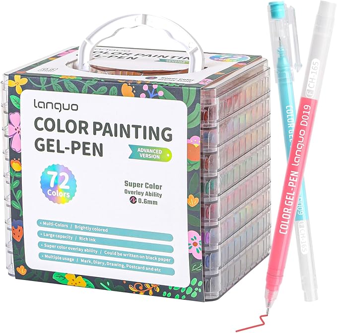 Gel Pens For Coloring, 72 Pack Colored Pens for Black Paper & White Paper, 0.6MM Fine Point Pens for Coloring, Writing, Drawing, Journaling, Note Taking, School, Office, Home