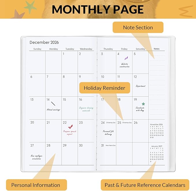 Pocket Calendar 2026-2027, Yellow 2026-2027 Monthly Planner - 3.7" x 6.7" - Runs from January 2026 Until December 2027, 2026 Pocket Planner with PVC Cover for Home, School, Office Supplies