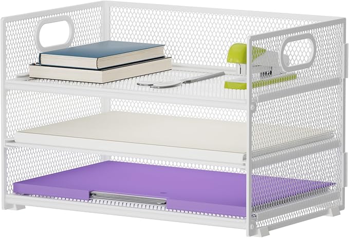 Marbrasse 3 Tier Paper Organizer Letter Tray, Mesh File Organizer with Handle, Paper Sorter Desk Organizer for Home Office Supplies(White)