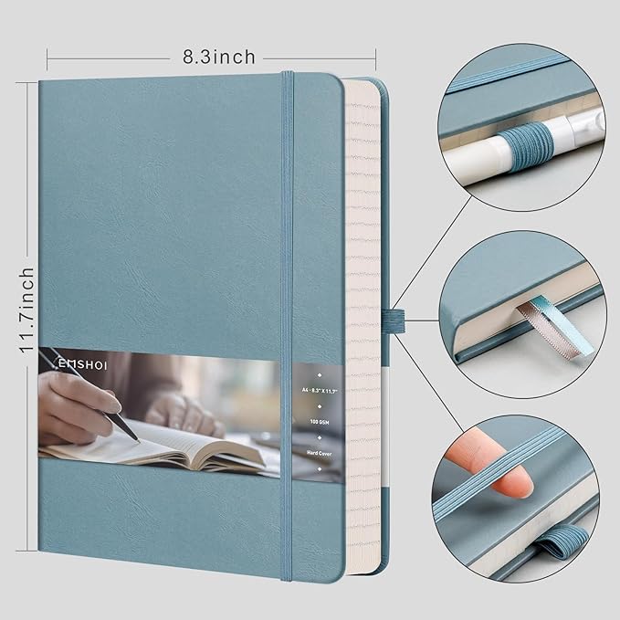 EMSHOI Notebook College Ruled - A4 Hardcover Leather Lined Journal, 192 Pages 100GSM Thick Paper, Large Diary for Women Men Work, School, Journaling, Writing - 8.3" x 11.7" - GrayBlue