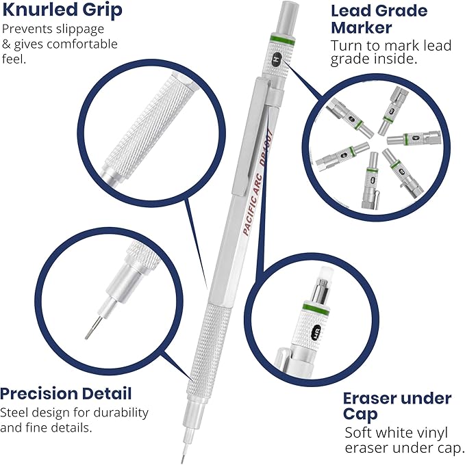 Pacific Arc Chromagraph Metal Mechanical Pencil .7 mm Silver Barrel Mechanical Pencil with Built In Lead Pencil Grade Indicator, Lead Pencil Holder for Drafting, Sketching, and Drawing