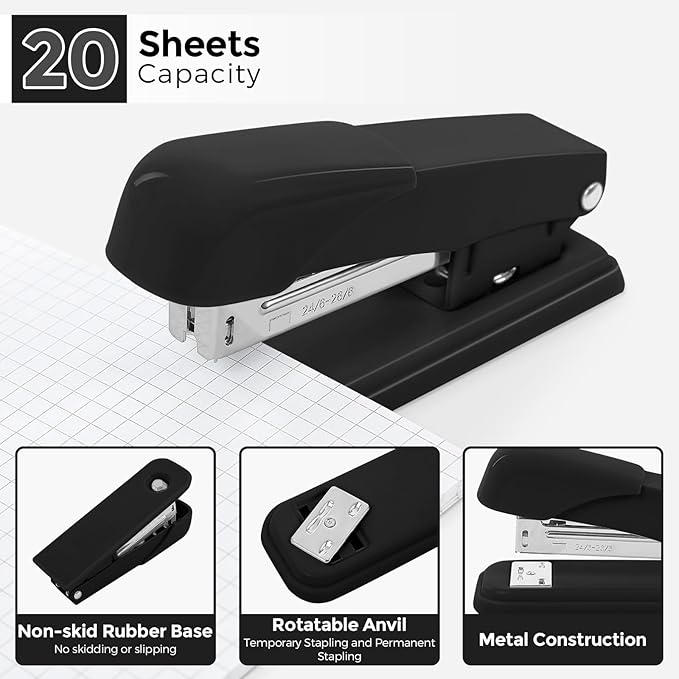 SKYDUE Black Office Supplies Set, Black Desk Accessories, Stapler, Tape Dispenser, Scissors, Binder/Paper Clips and 1000pcs Staples, Desk Supplies Set