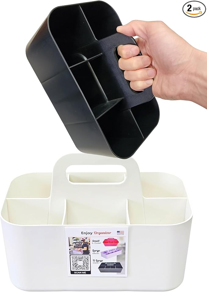 2 Pack Small 6 Compartment Multiuse Caddy Organizer with Handle Art Craft Supplies, Office, Desk, Stationery Pen Holder Stackable- Made In USA (Black/Ivory)
