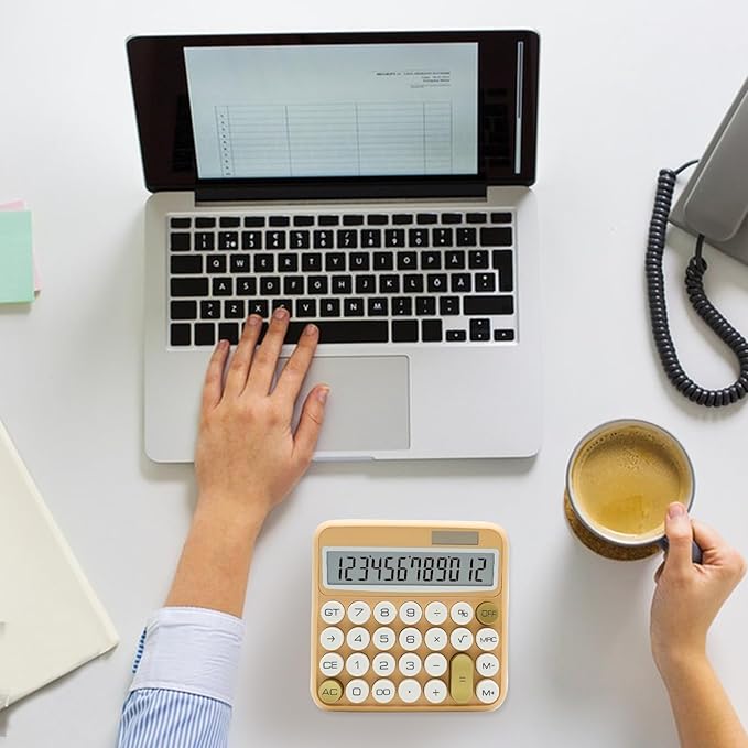 White Calculator, UPIHO Beige Standard Calculator 12 Digit with Large LCD Display and Big Buttons, White Gold Office Accessories for Women Desk, Supplies for Office, School, Home, Business