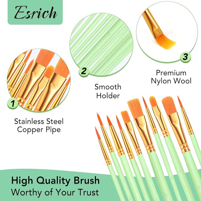 ESRICH Paint Brushes Set,24 Packs 240 Pcs Acrylic Paint Brush Set,Acrylic Oil Watercolor, Face Nail Art, Miniature Detailing,Rock Painting,Painting Artist Professional Kits(Green)