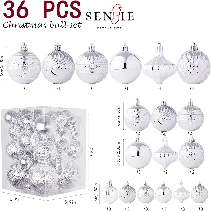 Christmas Ornaments Set with 36pcs Shatterproof Christmas Tree Decorations Multi-Size Christmas Ball Ornaments with 7 Styles Silver