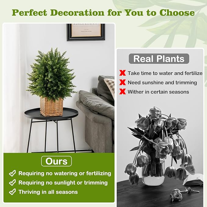 Goplus 21.5” Artificial Cedar Topiary Ball Tree, Set of 2 Faux Potted Plants Artificial Shrubs Bushes with Cement Pot, Fake Evergreen Artificial Topiary for Indoor Outdoor Home Front Porch Decor