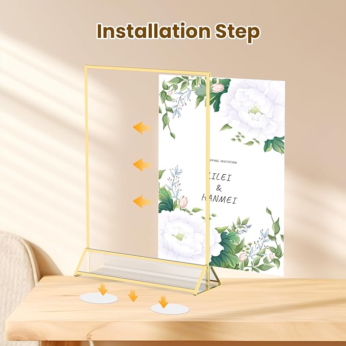 4X6 Acrylic Sign Holder Tabletop Gold Frames 4X6 Picture Frames for Wedding Table Numbers Display Stand Flyer Holder with Double Sided Sticky Dots-6Pack
