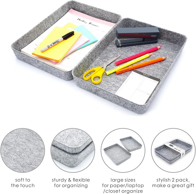 Welaxy 2-Piece Office Desk Drawer Organizer Tray Letter-Size documents A4 Paper Book File Folder Holder Storage Bins (Gray)