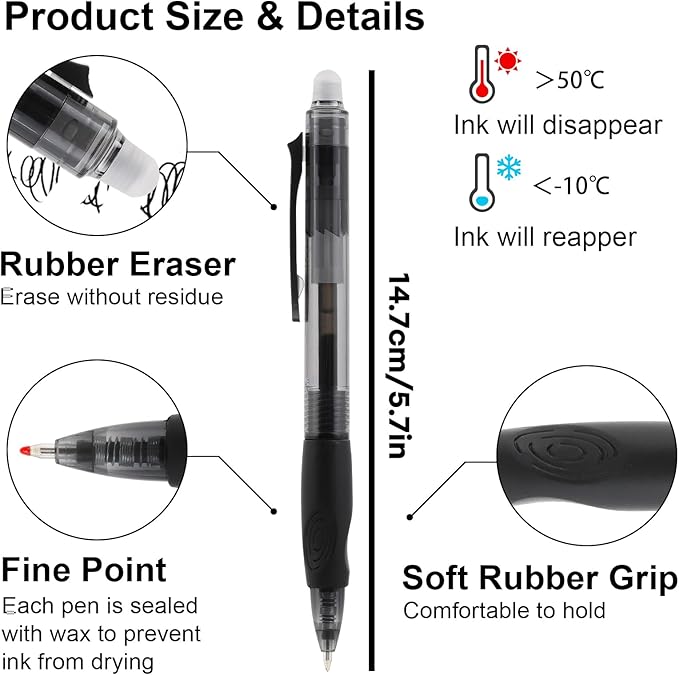 USUAL Retractable Erasable Pens 12 Colored Erasable Gel Pen 0.5mm Erasable Gel Pens Black Make Mistakes Disappear Smooth Writing Pen Office Back-to-School Supplies (Black)
