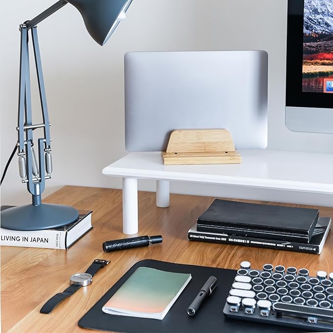 Bamboo Dual Monitor Stand Riser White, Desk Monitor Riser for 2 Monitors, Supports for PC Computer Monitor, Printer, Heavy TV Riser up to 300 lbs, White