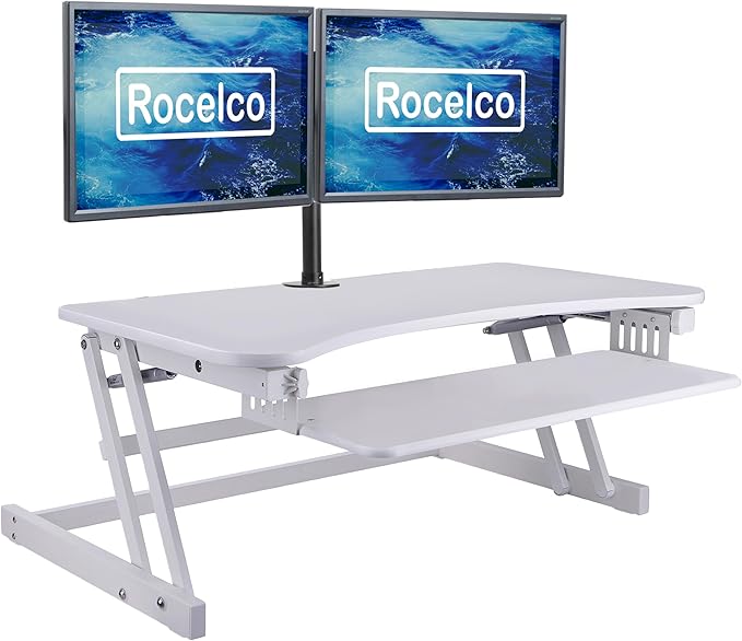 Rocelco 37.5" Height Adjustable Standing Desk Converter with Dual Monitor Mount and Slide Out Retractable Keyboard Tray - Sit Stand Up Double Screen Tabletop Riser Workstation - White (R DADRW-DM2)