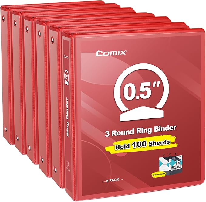 COMIX 3 Ring Binder 1/2 inch with Clear View Cover, 0.5" View Binder Holds 200 Sheets of US Letter Size Paper, 6 Pack (Red)
