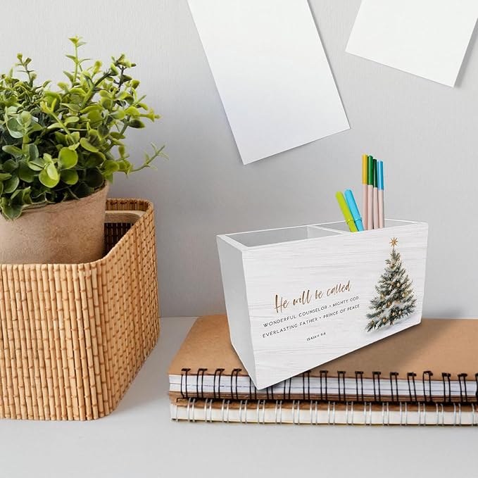 Christian Christmas Tree Pen Holder for Desk, Isaiah 9:6 Bible Verse Wooden Box Sign Desk Decor for Home Office Decoration, Glitter Xmas Tree Pencil Organizer, Christian Christmas Decor