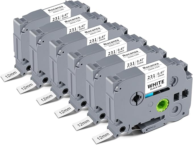 Replace for Brother Label Maker Tape TZe-231 TZe231 12mm 0.47 Laminated White Tz Tape Compatible with P Touch TZe 1/2" Black on White for PT-D220 D210 H110 D200 D400 1280 1880 D610BT Refills, 6-Pack