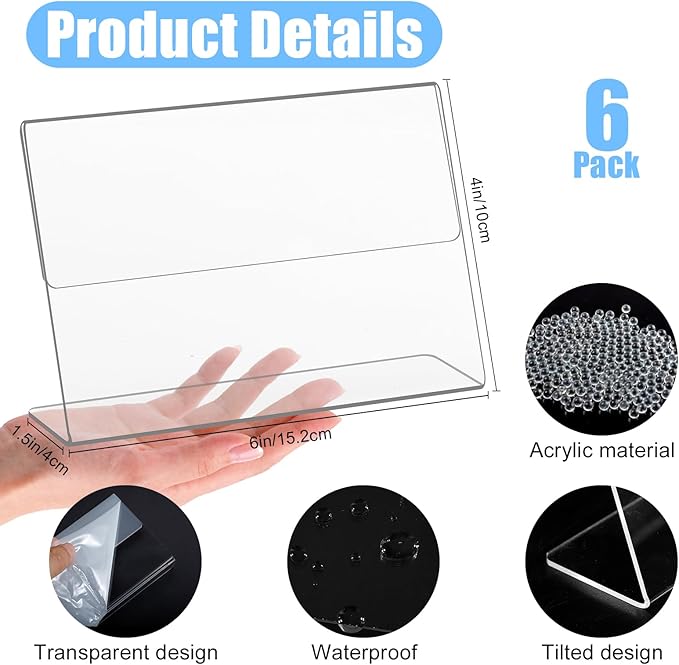 Slanted Back Acrylic Sign Holder,6 x 4 Clear Plastic Sign Holder,Paper Display Table Stand,Acrylic Stands for Display Frame,Flyer Holders for Office,Store,Restaurant- Horizontal(6 Pack)