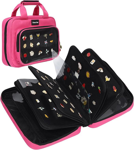Enamel pin display bag, 8-page pin trading book, collectible pin board, suitable for storing pins, brooches, patches (pink)