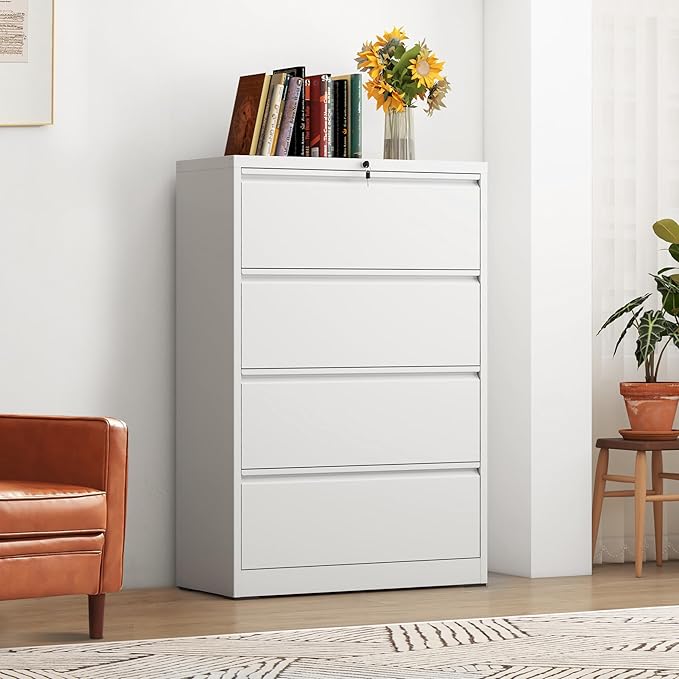 4-Drawer Lateral File Cabinet with Lock, Black Metal Filing Cabinet for Office or Home – Secure Storage for Letter/Legal/A4/F4 Documents, Easy to Assemble Locking File Organizer (White, 4 Drawer-52"H)